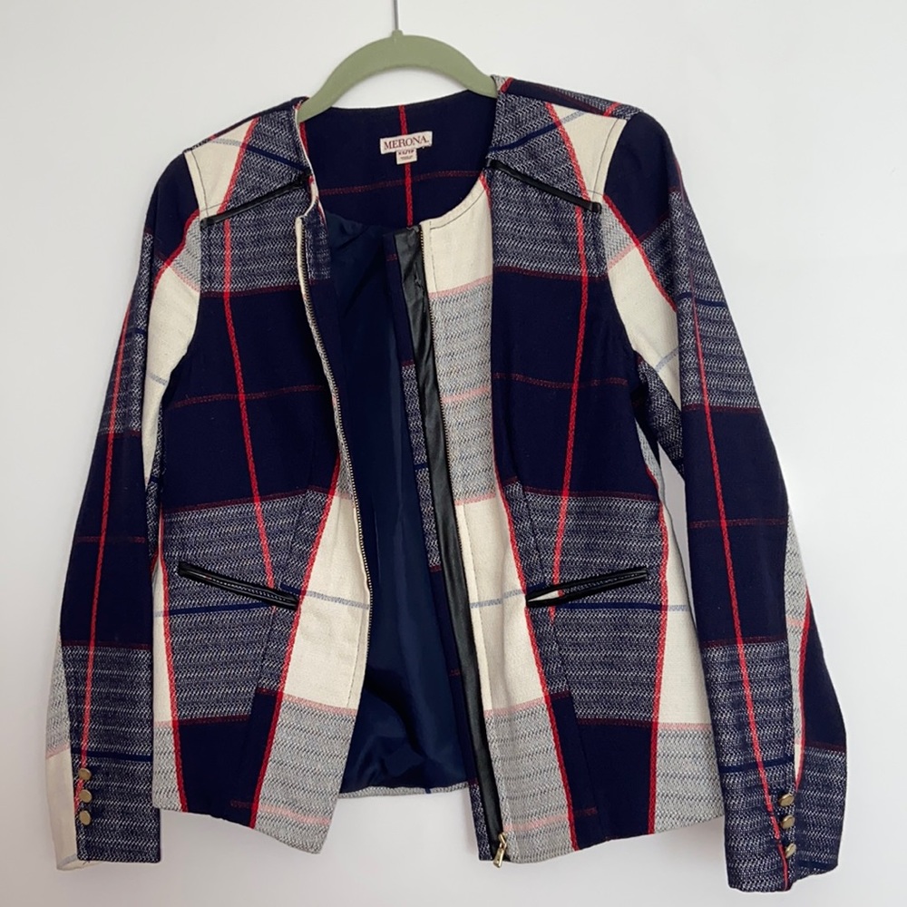 MERONA XS Preppy Blazer Jacket Gold zipper Pockets business checker coat